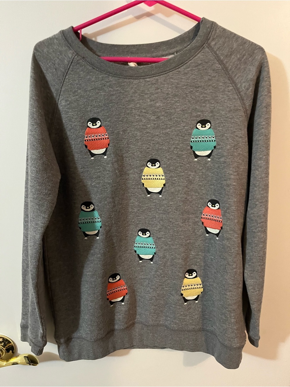 Bethany Mota Grey Crewneck Sweater with Red, Teal, Yellow Penguin Motifs XS